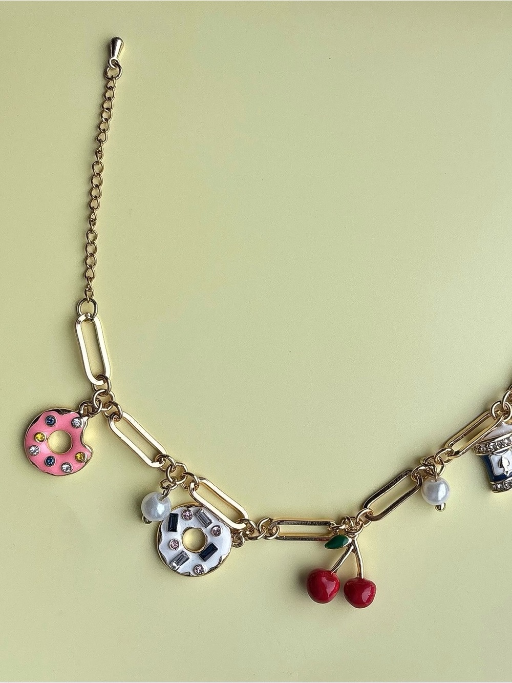 Gold-Tone Cherry & Donut Charm Necklace - Pink, White, Red